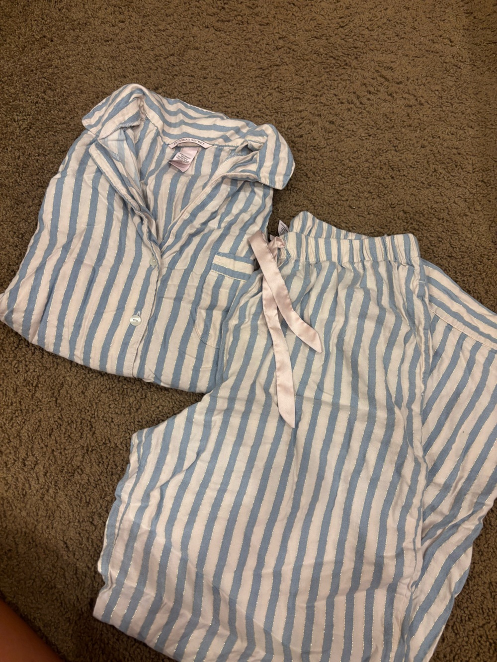Victoria's Secret Light Blue and Pink Striped Pajama Set with Pink Ribbon
